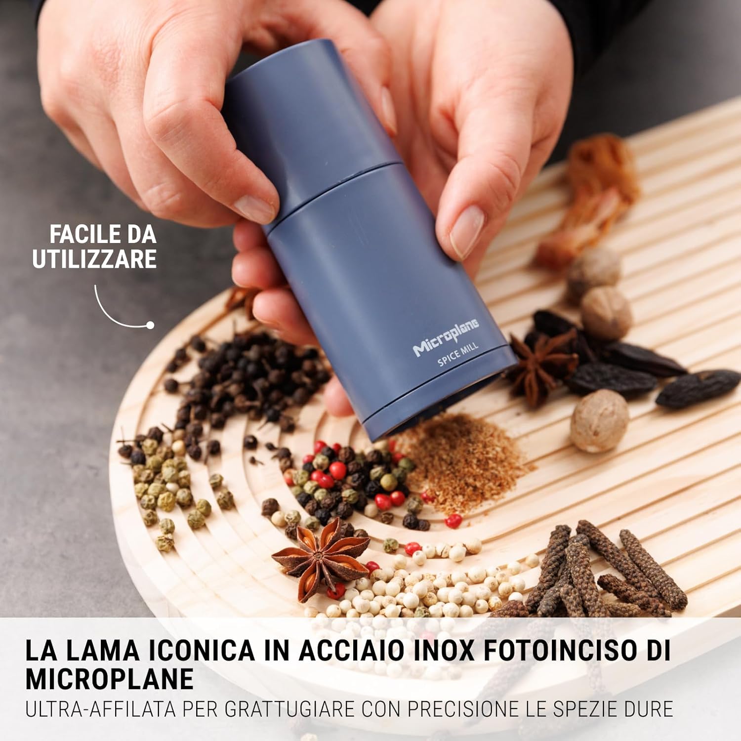 Microplane Spice Mill 2-in-1 - Denim Blue | Manual Mill with Razor Sharp Stainless Steel Blade | Grates Nutmeg, Cinnamon, Tonka Bean, Long Pepper, Nuts & More