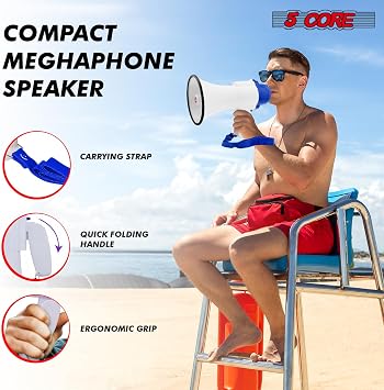 5 Core Megaphone 30W Bull Horn PA Speaker w 800 Yards Range USB Loud Siren Voice Amp Lightweight Portable Megafono for Outdoor Sports - 8R-USB-WB