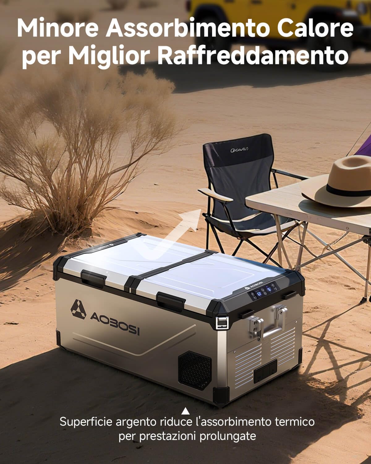AAOBOSI Frigo Portatile Doppia Zona 75L, Scocca Acciaio Inox & Interno in Alluminio Stampato, 12/24V & 100-240V, Frigo Da Campeggio APP Controllo,Frigorifero Per Auto, Camper，Nautica. Contenitore