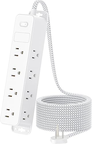 Regleta protectora de sobretensiones, cable de extensión de enchufe plano trenzado de 5 pies, 12 salidas de CA, diseño envolvente de 3 lados,