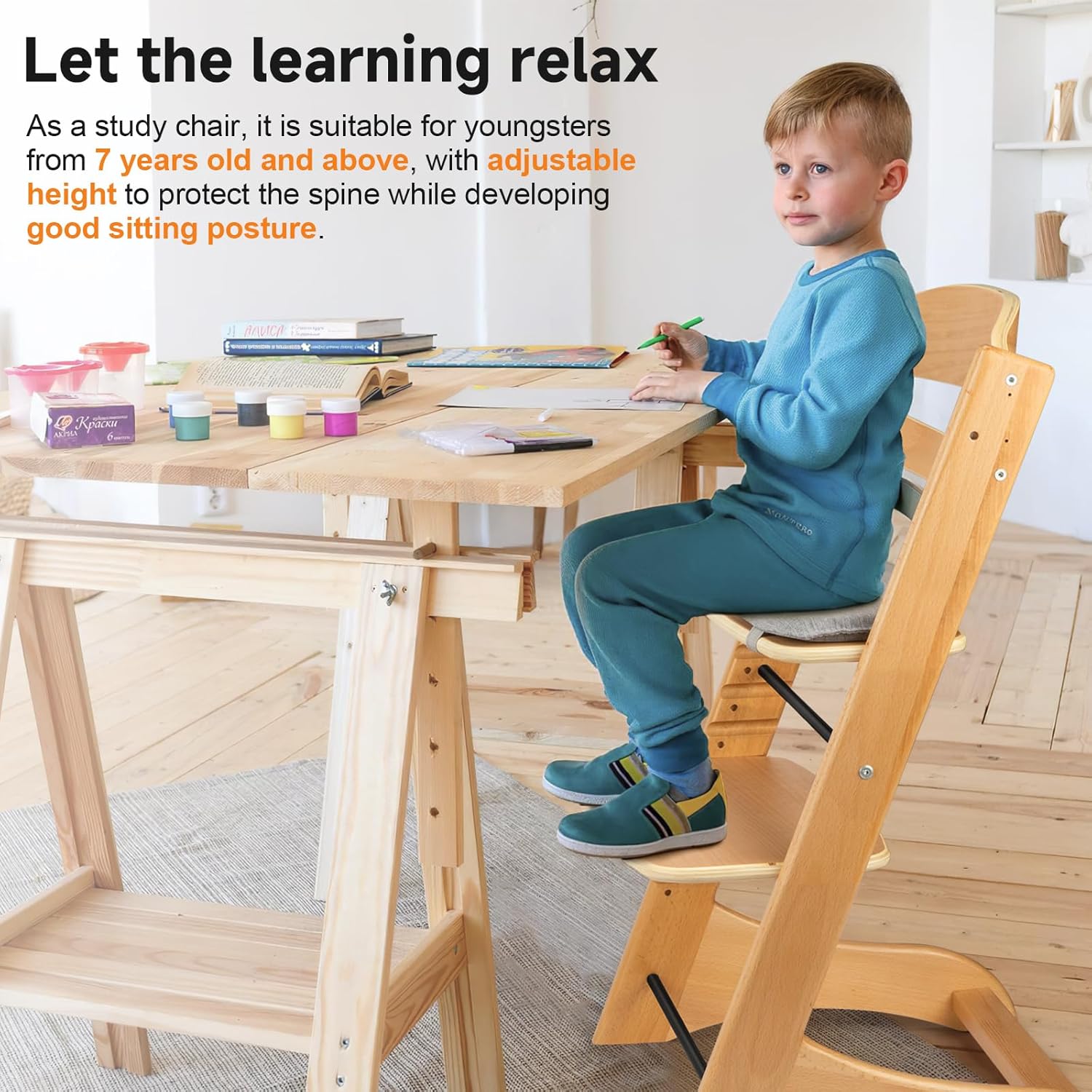 High Chair, Solid Wood Infant High Chair, Suitable for Infants 6 Months and Up, Maximum Weight Capacity 220 lbs - Anti-Tip - Adjustable Ergonomic Design/Natural Wood