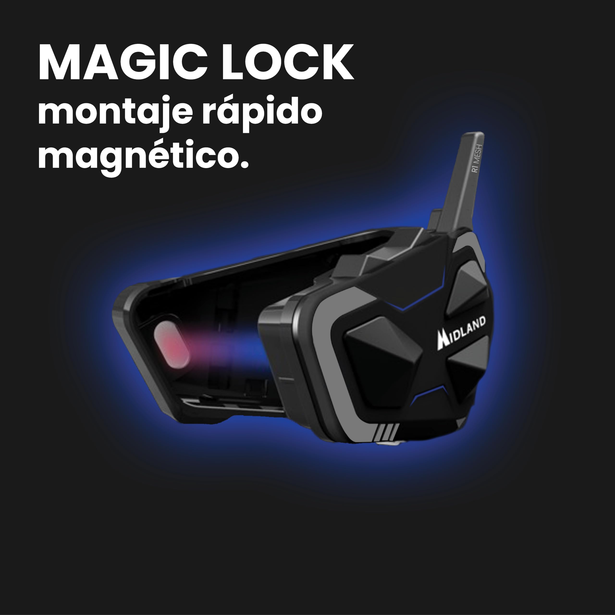 MIDLAND - R1 Mesh Intercomunicador Casco Moto, 2 Auriculares Inalámbricos Bluetooth + Mesh, Waterproof IPX6, Alcance 500m, 23H, Audio RCF, Stereo Background, Compatible con TFT y Radio FM, 6 Personas