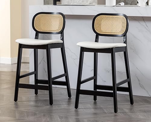EALSON Juego de 2 taburetes de bar con respaldo de ratán, sillas de bar modernas de madera de mediados de siglo, cómodas sillas de isla de cocina