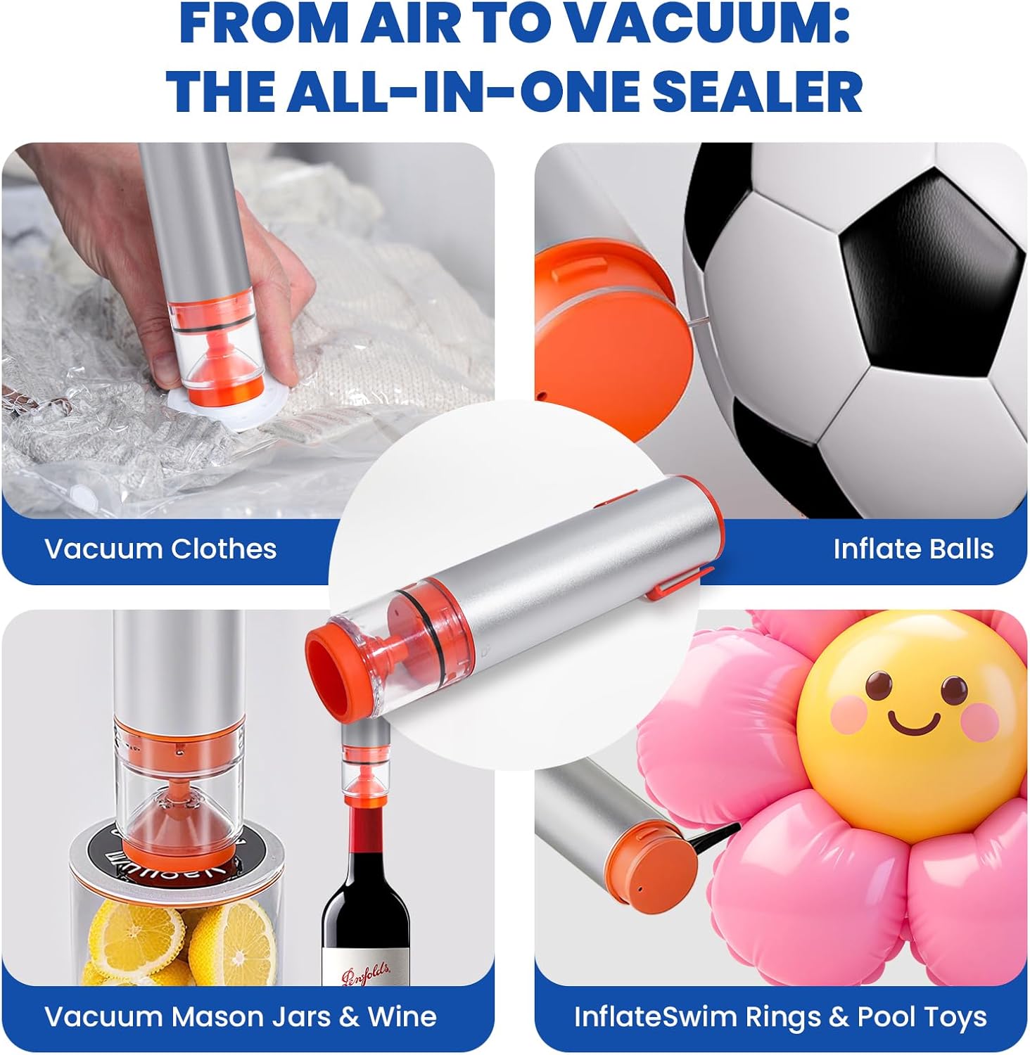 Compact Handheld Vacuum Sealer for Food with Vacuum Food Storage Bags, Mason Jars, Wine Preservers, Inflatable Sports Balls. Includes 20 Bags and 4 Lids