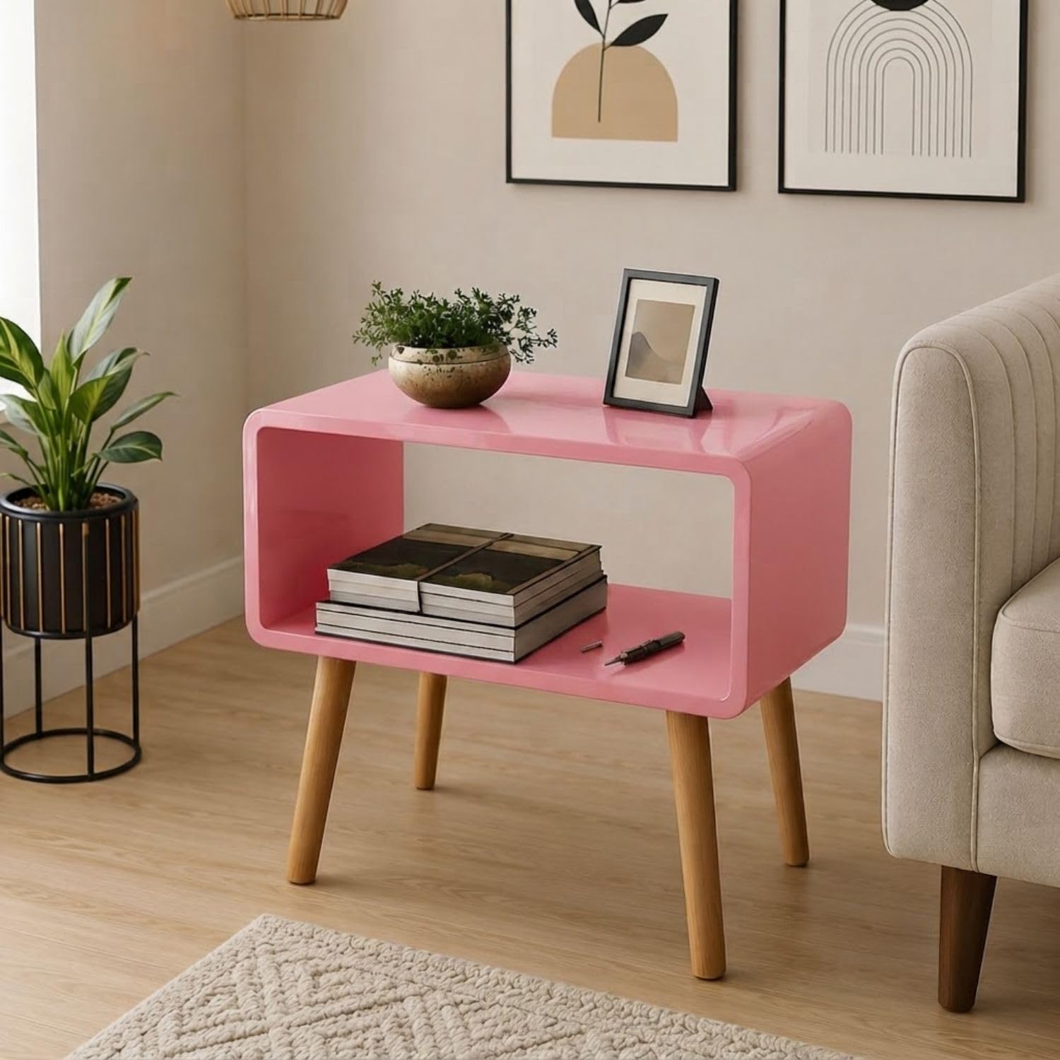 Coffee Table, End Table, Compact Bedside Table, Magazine Stand with Storage, Living Room/Bedroom, and Vintage Bookcase Nightstand (Modern, Pink)-image-28