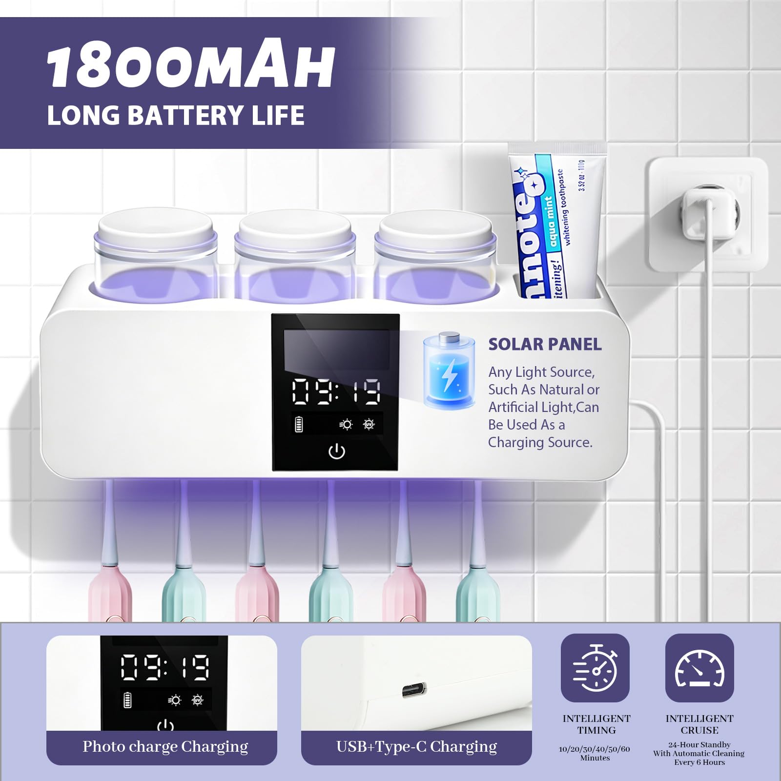 Sterilizzatore Portaspazzolino UV, Supporto per Spazzolini da Denti a Parete Porta Elettrico con Asciugatura e Disinfezione Portaspazzolino da Parete Senza Foratura con 6 slot e 3 tazze，Bianco