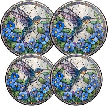 4 Pcs Gas Stove Burner Cap Set, Hummingbird Among Blue Flowers Durable Round Gas Stove Burner Covers Set of 4 for Kitchen Decor, 8 Inches and 10 Inches