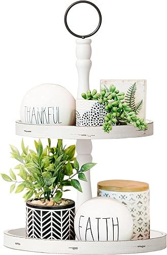 UBTKEY Soporte de bandeja de dos niveles, bandeja decorativa rectangular de madera de 2 niveles con mango de metal para decoración rústica de mesa