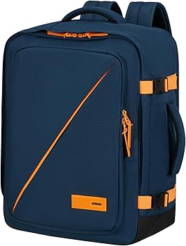 American Tourister Take2Cabin - EasyJet Cabin Bag 36 x 20 x 45 cm, 38 L, 0.70 kg, Hand Luggage, Airplane Backpack M Underseat, Blue/Orange (Dark Navy/Radiant Orange)