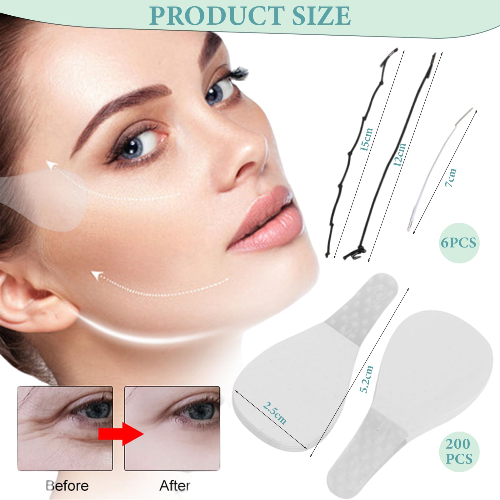 200 Piezas Hilos Tensores Faciales Face Lift Tape Invisible Lifting Facial Parche Reafirmación Instantánea Reducción Eficaz Arrugas Aplicable A Frente Contorno Ojos Contorno Boca Con 6 Correaslifting