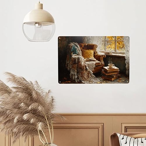 Miniatura 7 de Metal Tin Sign Cozy Autumn Reading Nook Plaque, 6x8 Inch Retro Oil Painting Art Wall Decor Metal Poster, Perfect For Creating Warm Reading