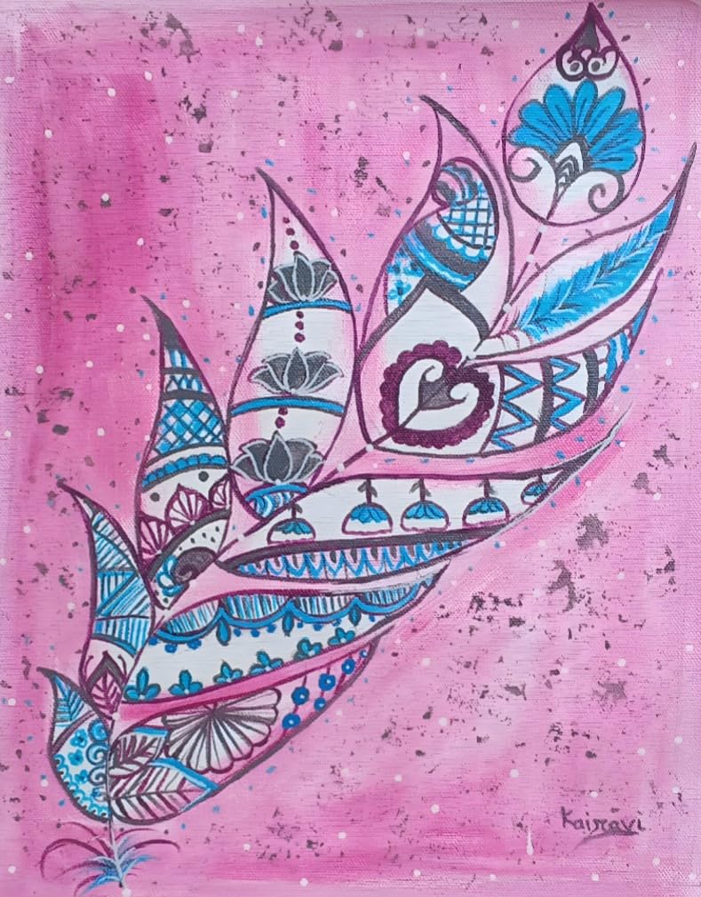 Artakaarch, Krishna Feather Painting, Wall Art, Pink and Blue Tones, 25 x 33 cm, unframed-image-38