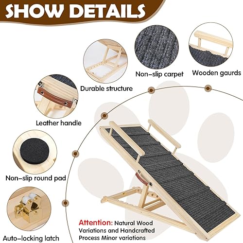 Miniatura 4 de Rampa para perros para sofá, cama o automóvil, escaleras de madera de 44 pulgadas de largo para perros y gatos pequeños y grandes, soporta hasta 250