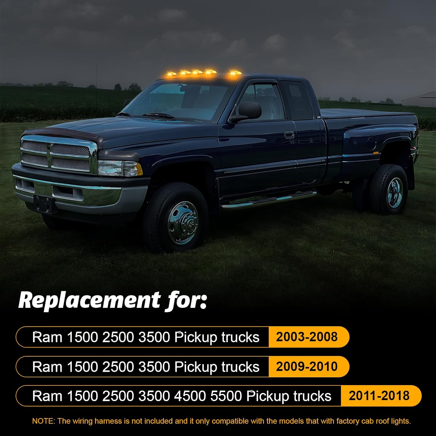 5PCS LED Cab Roof Lights Fits for Ram 1500/2500/3500 (2003-2018) and Fits for Ram 4500/5500 (2011-2018),Clear Lens Amber LEDs with 5 Rubber Gaskets(Fits Factory Roof Lights Only)