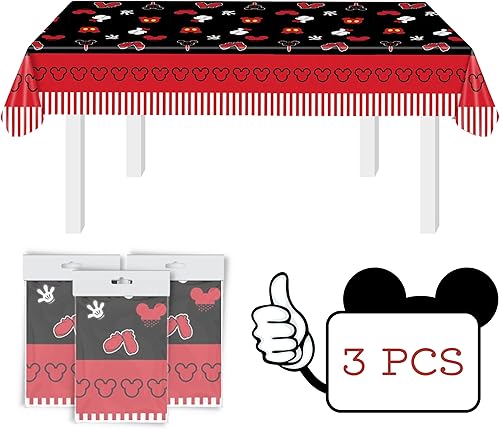 3 manteles de cumpleaños de ratón para fiesta, manteles de plástico negro y rojo para niños y niñas, mantel rectangular desechable, decoración de