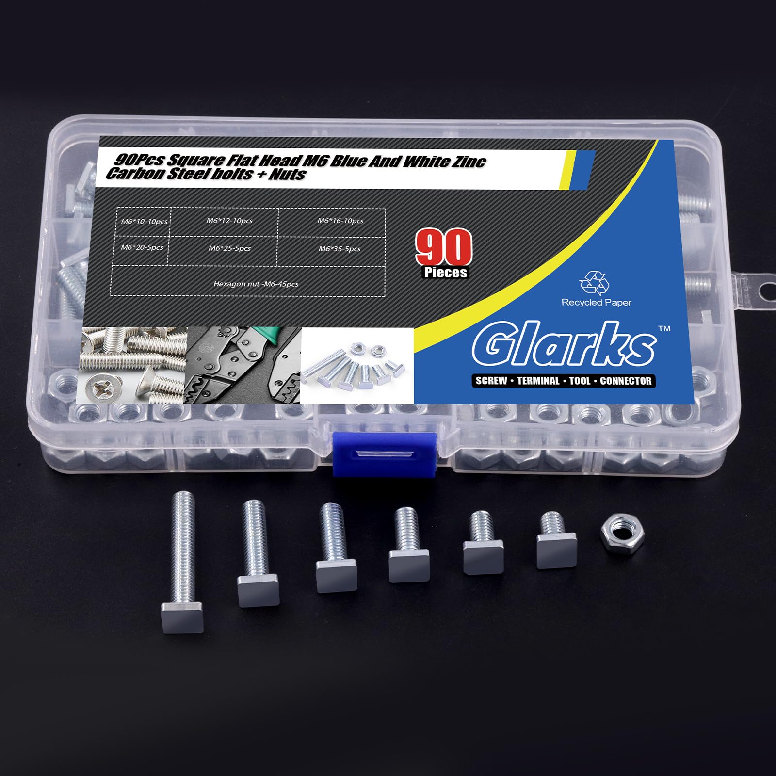 Glarks 90 bulloni a testa quadrata M6 x 10/12/16/20/25/35 mm, zincati, completamente filettati, in acciaio al carbonio, grado 4,8, viti quadrate con dado esagonale per macchinari e connessioni