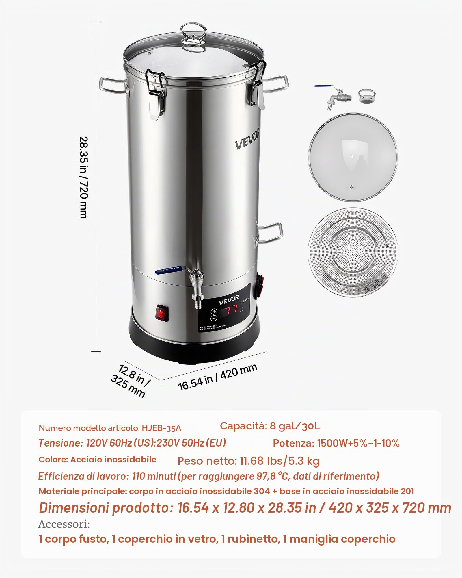VEVOR Sistema di Attrezzatura Elettrica per Produzione di Birra, Bollitore per Birra 30 litri Uso Domestico, Cuocitore di Mosto con Canna Interna Maniglia Rubinetto, Kit Utensili per Homebrewing