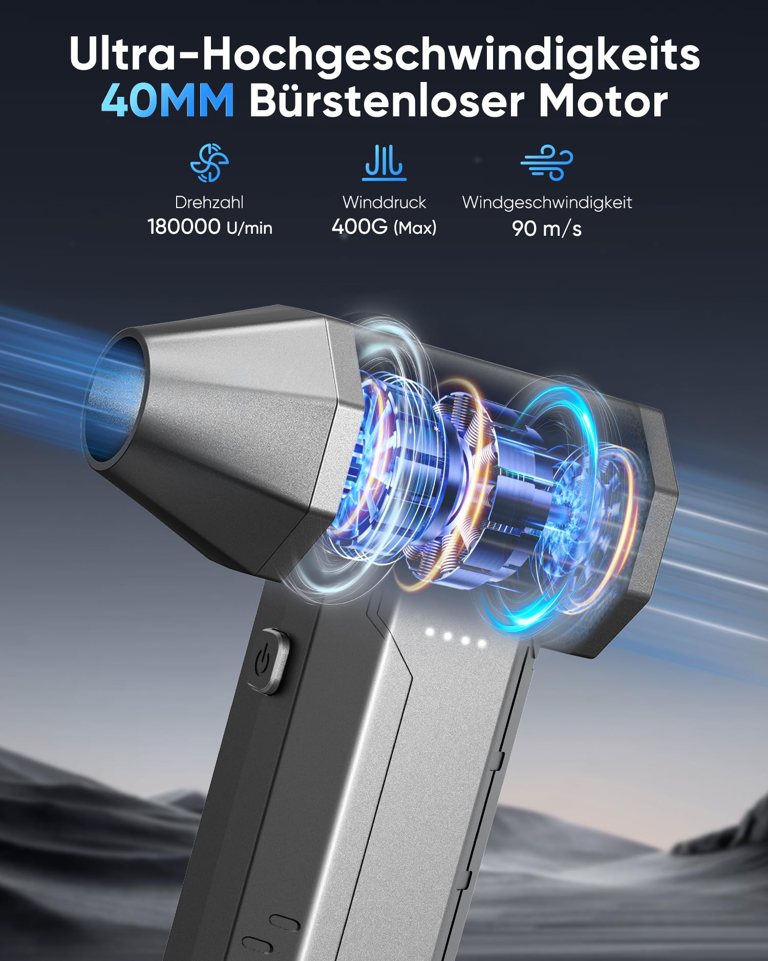 Elektrische Staubgebläse, 180000 RPM & 400 G Winddruck, 4-Gang Air Duster mit LED-Licht, 10000 mAh Mini Gebläse Akku Schnellladung, Compressed Air Staubbläser für PC | Tastatur | Haus und Auto