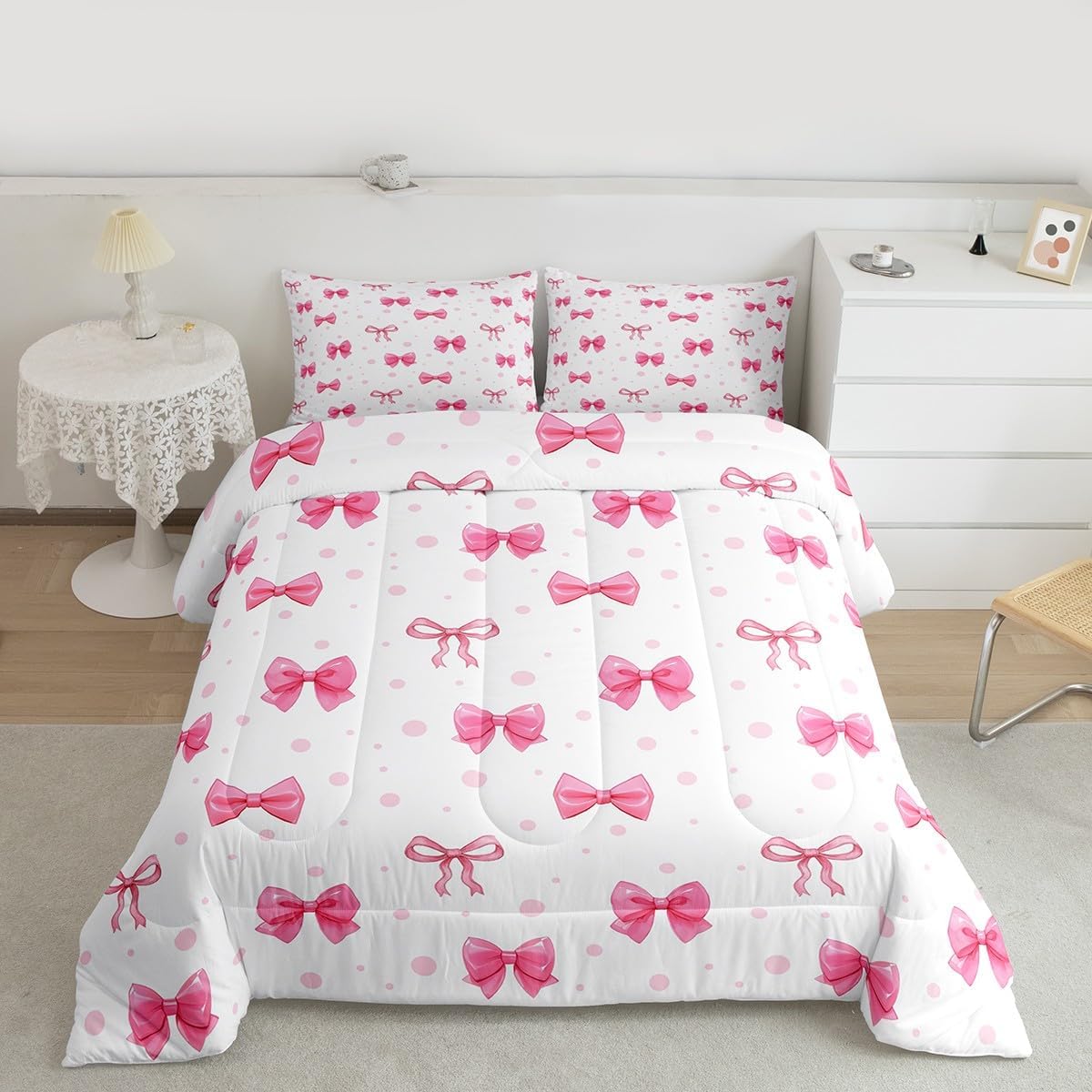 Feelyou Pink Bow Comforter Set Queen Size Girls Dot Bow Bedding Set for Kids Boys Girls Cute Bowknot Duvet Quilt Bedroom Decor Microfiber 3 Pcs with 2 Pillow Cases