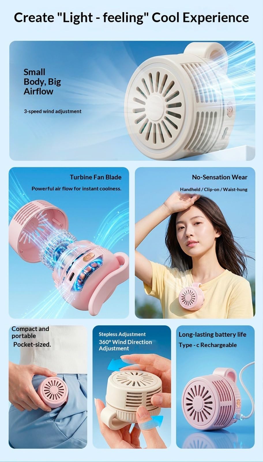 Flux d'air rotatif 360°, refroidissement pour randonnée, camping, pêche & activités