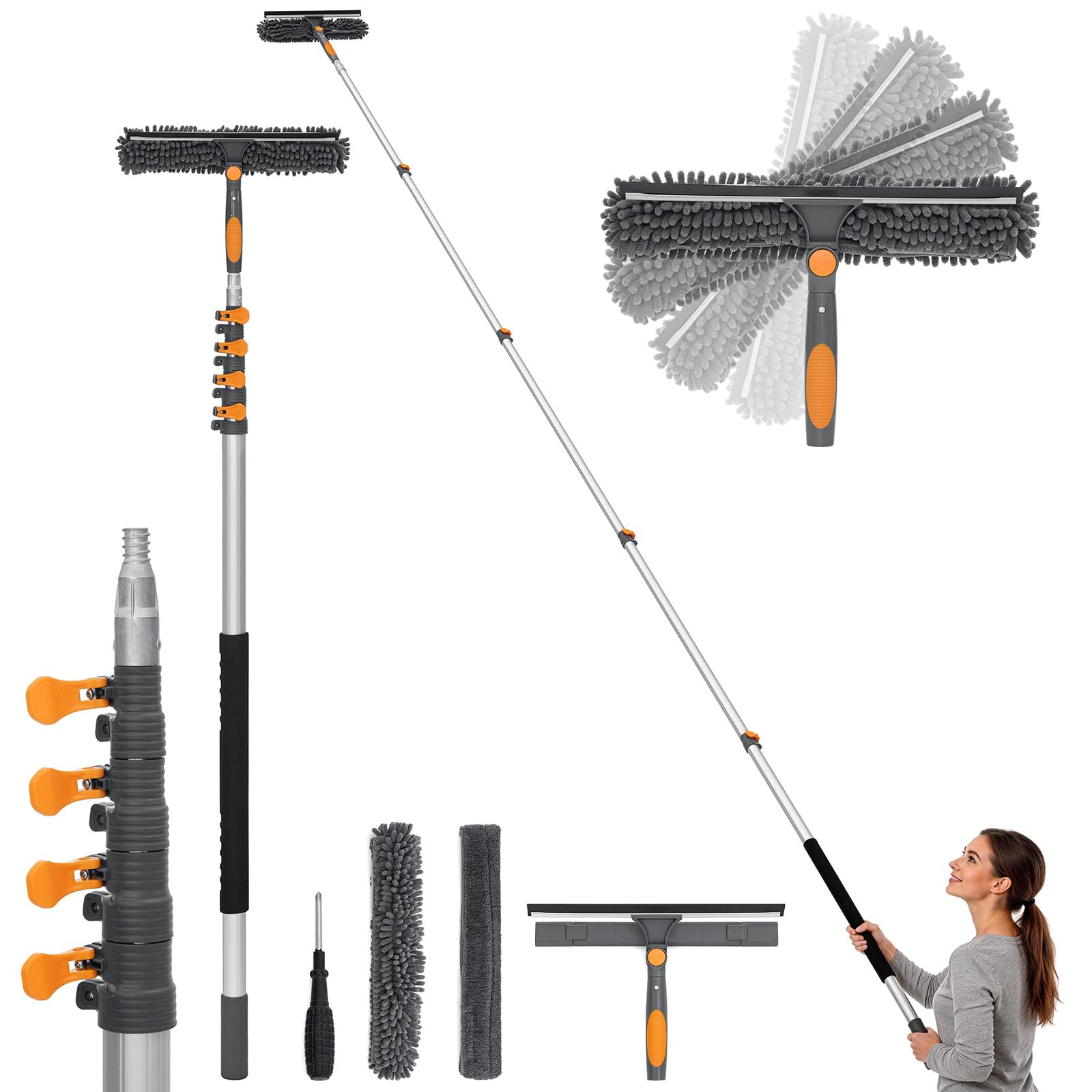 Bestnifly Window Cleaning Pole 19FT (5.8M), Extendable Telescopic Window Cleaner with 2-in-1 14" (35cm) Squeegee & Washer, Long Reach Tool for High Windows, Conservatory & Outdoor Glass