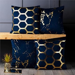 Red Rainbow 4 Pack Gold Metallic Velvet Cushion Covers Marble Hexagon 18 inch 45 cm Square (Navy Blue)