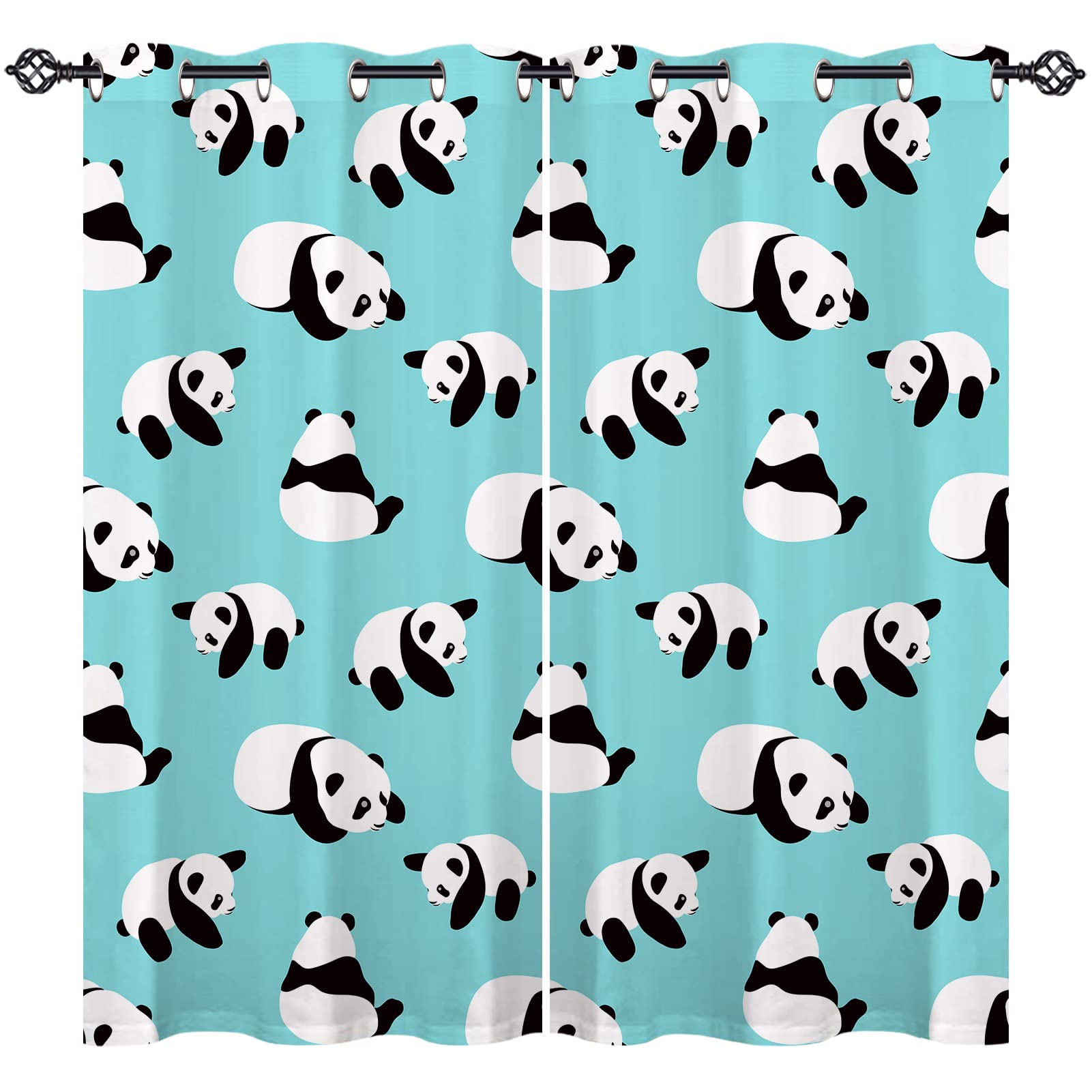 ANHOPE Panda Curtains Grommet Light Filtering Window Drapes Cute Cartoon Animal Panda Bear Print Pattern Decorative Privacy Curtains for Kids Boys Girls Bedroom Living Room 2 Panels 42 x 63 Inch