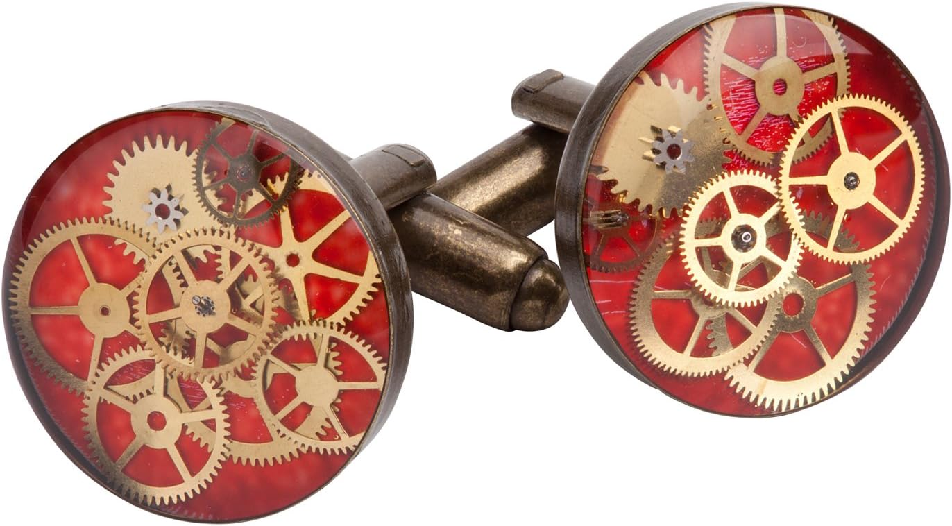 Round Antique Bronze 16mm Steampunk Cufflinks with Cogs and Gears in Red