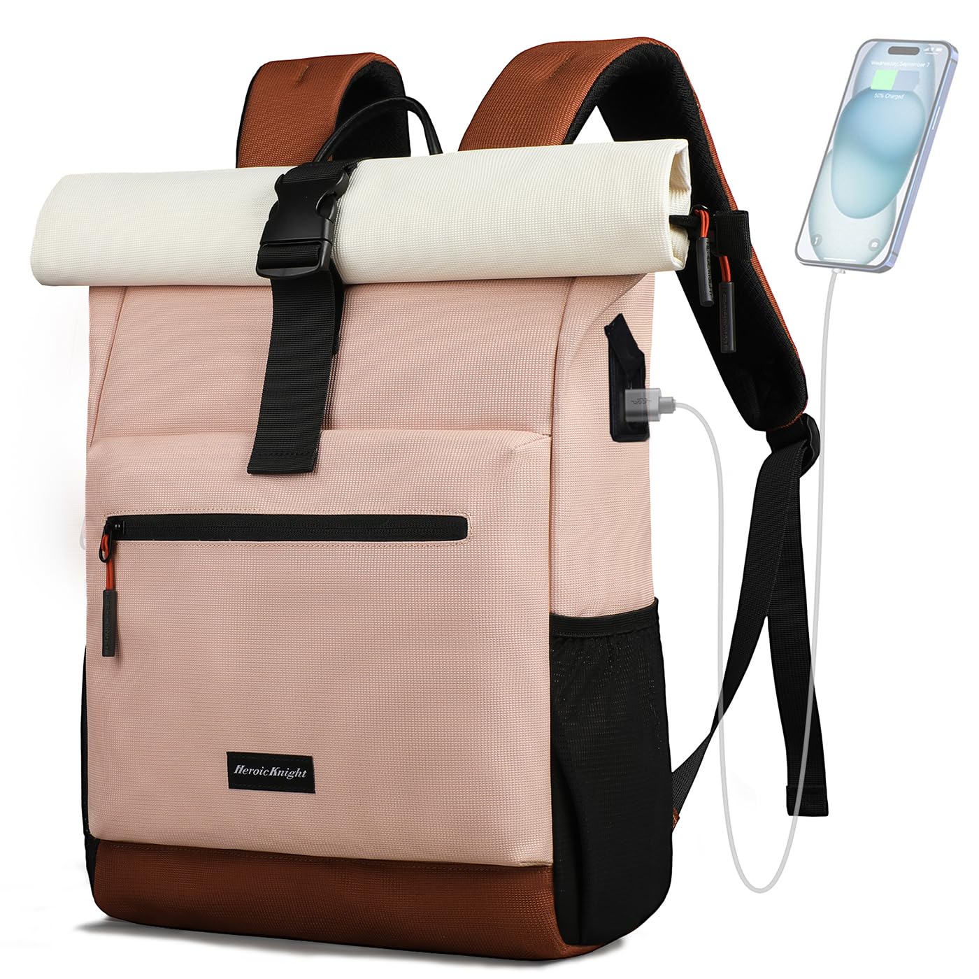 hk Mochila Roll Top para Mujer, Mochila Portátil para Laptop de 17 Pulgadas | Mochila Impermeable con Puerto USB A&C, Mochila Antirrobo Expandible 18-26L para Trabajo Universidad Viajes y Uso Diario,Rosa