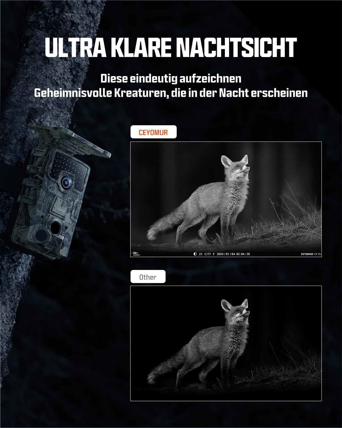 CEYOMUR 4K 30fps 64MP Wi-Fi 6 Wildkamera mit Handyübertragung App, 120° Erfassungswinkel, 0,1s Auslösezeit, 5200mAh Akku, 64GB SD-Karte, IP66 Wasserdicht
