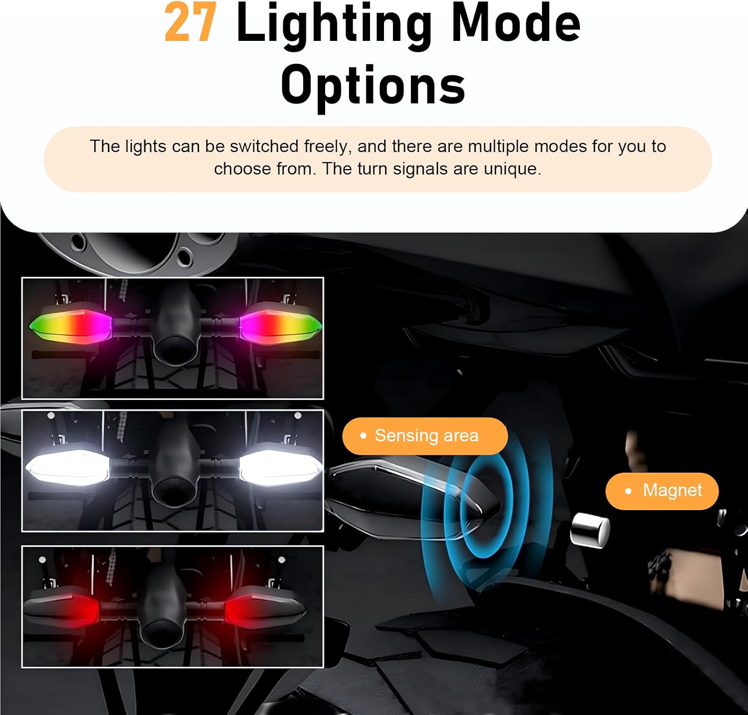 2 PCS LED Motorcycle Turn Signal Lights, Arrow Projector with 27 RGB Modes, IP67 Waterproof Blinker Lights, Universal for Most Motorcycles, Scooters, Black