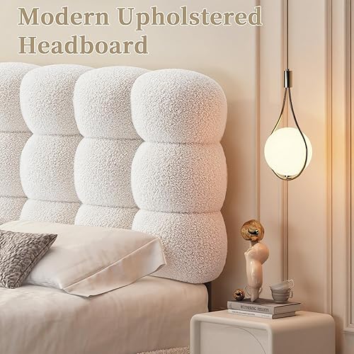 Miniatura 4 de Base de cama individual BarnFurin, cama plataforma con cabecero tapizado, base de cama de tela de bouclé suave con soporte de listones de madera,