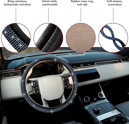 Vista 55 de Ziciner Funda brillante para volante de automóvil, protector de volante de diamantes de imitación con purpurina para vehículo, accesorios