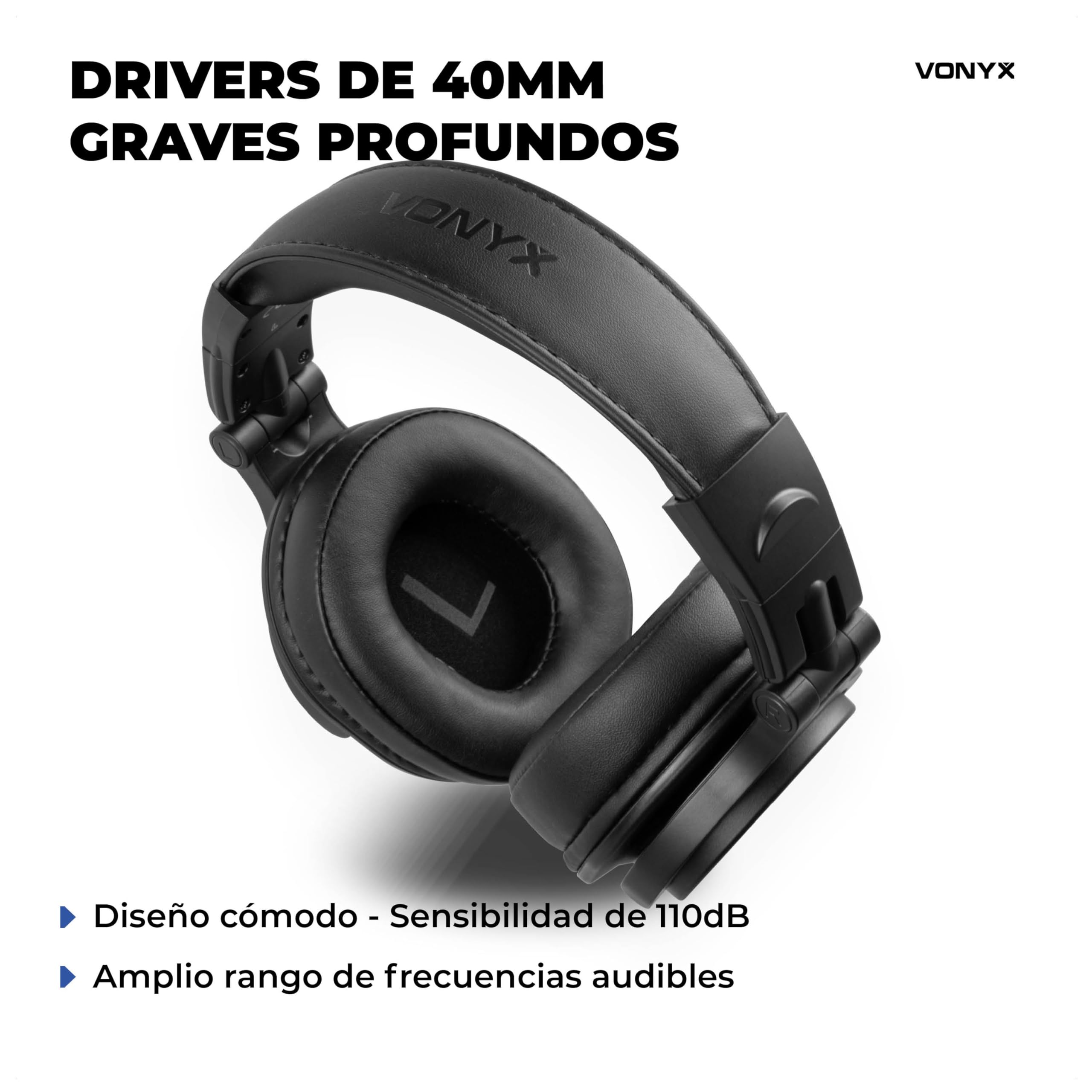 Vonyx HDX120BK – Auriculares DJ con Drivers 40 mm, Dual Ports 3,5 y 6,3 mm, Cable Reversible, diseño Plegable Profesional y Bolsa de Transporte para música y Estudio, Color Negro