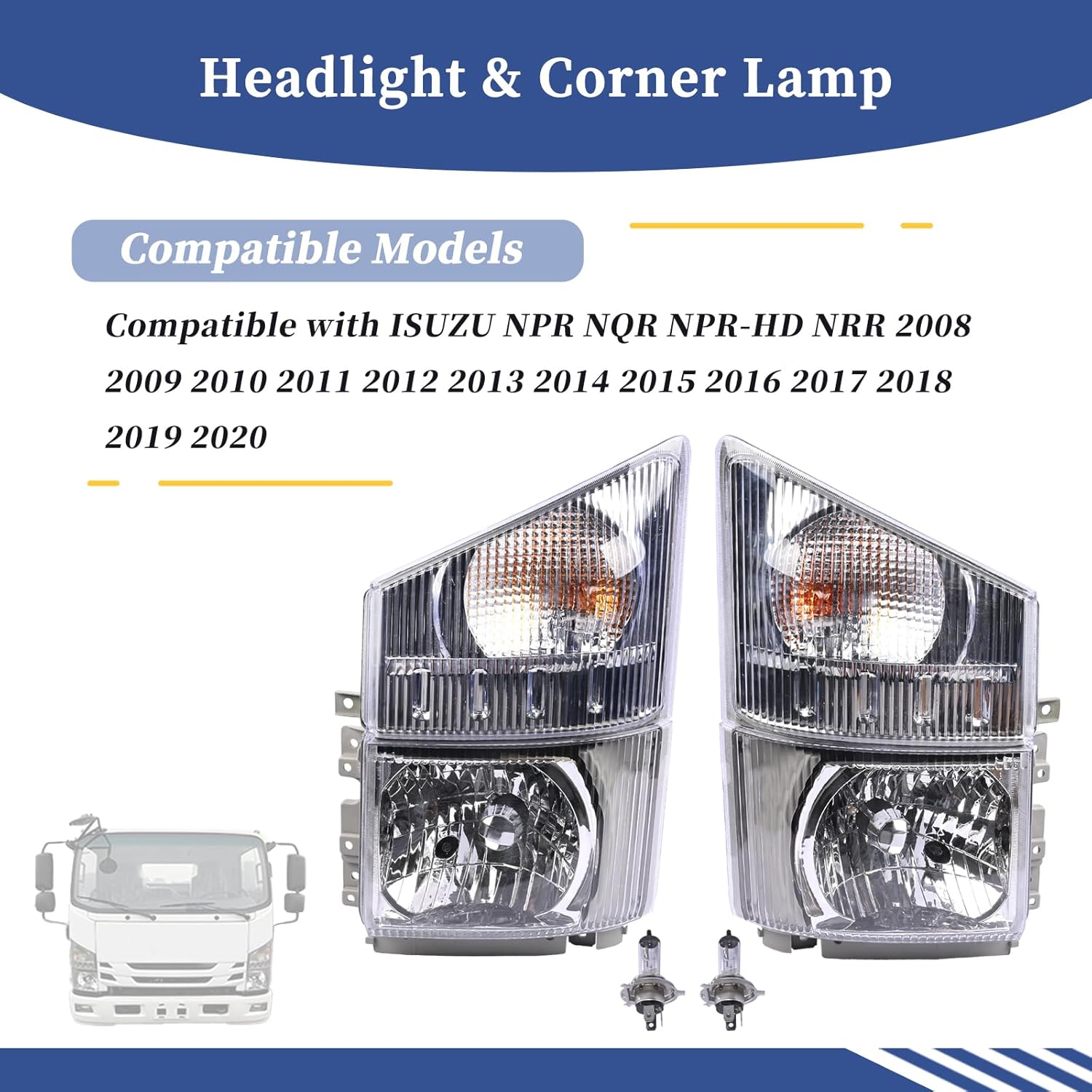 8975851702 8975851712 Headlight & Corner Lamp Assembly Left Driver and Right Passenger Side Fit for ISUZU NPR NQR NPR-HD NRR 2008-2020 Adaptable Headlight Height Adjustment