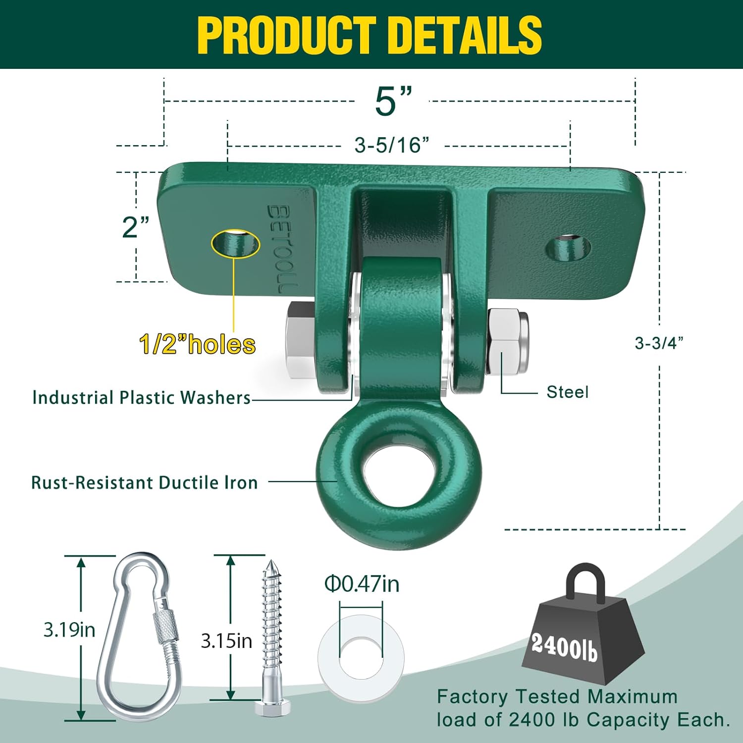 BETOOLL Swing Sets Brackets - 2 A-Frame Swing Set Brackets and 4 Swing Hangers with All Mounting Heavy Duty Hardware Included - Swing Set Kit for Porch, Yard, Playground - Green - Image 2