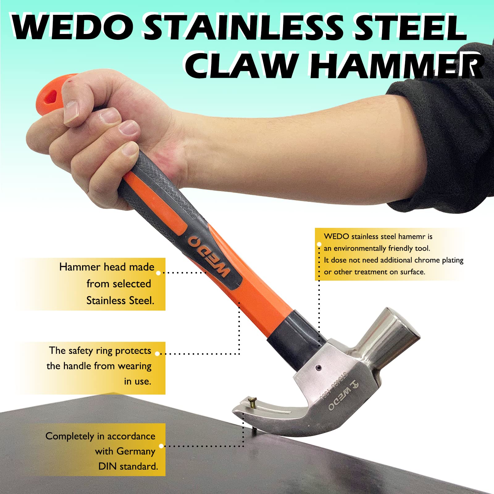 WEDO Set di attrezzi da 16 pezzi, chiave a doppia scatola, chiave regolabile, chiave per tubi, pinze per giunti scorrevoli, pinze combinate, cacciaviti, martello da carpentiere, scalpello, acciaio