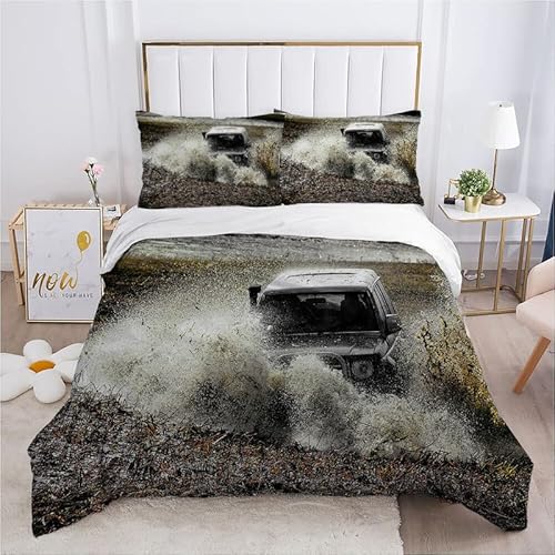 ZLJBB Parure de Lit 140x200 Enfant VéHicule Tout Terrain Noir Ensemble de Literie pour Filles Garçon Ado avec Fermeture éclair, Imprimé Housse de Couette en Microfibre + 2 Taie d'oreiller 65x65 cm Cover