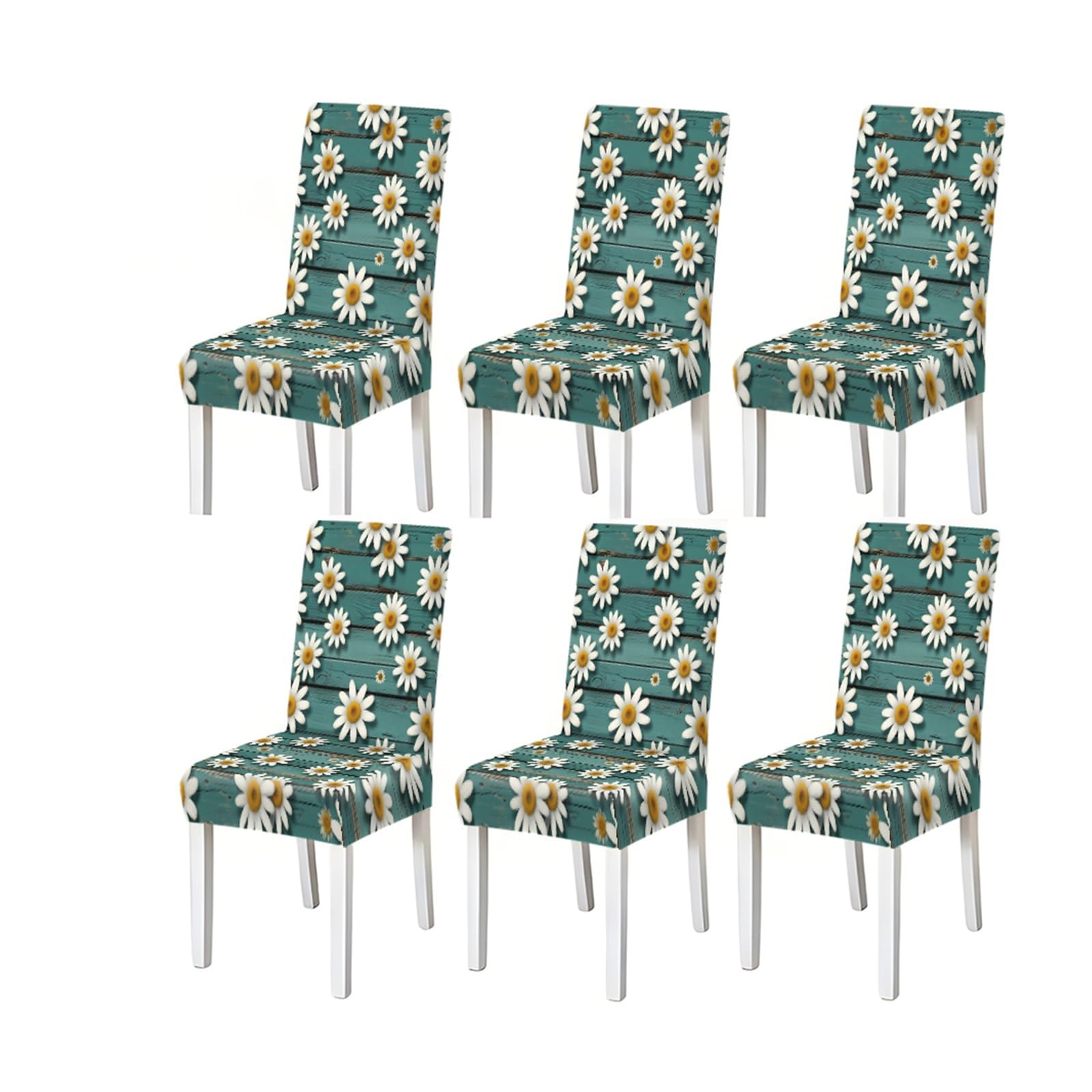FZJKGH Teal Wood Plank Daisy Floral Pattern Print Dining Chair Covers Set Of 2/4/6, Stretch Slipcovers For Kitchen Dining Room Removable Stretch Slipcovers for Dining Chairs(6PCSChair cover)
