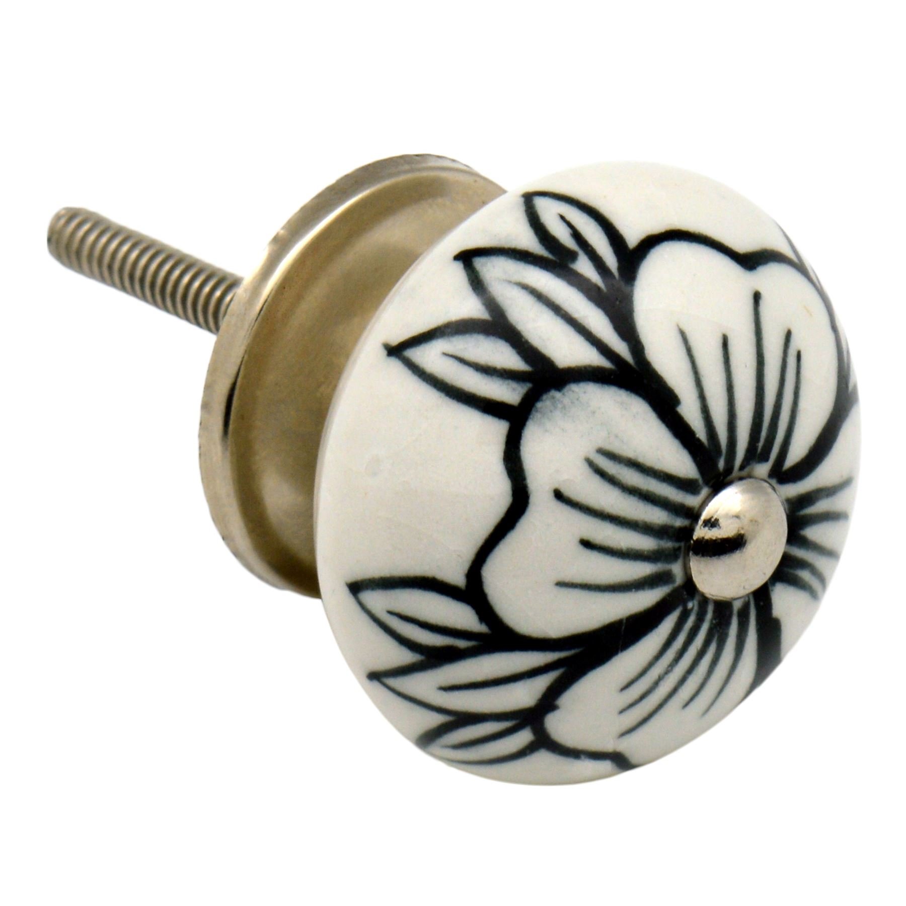 Nicola Spring Black Bud Ceramic Cupboard Drawer Handle Knob - Floral Design - Flower Bud