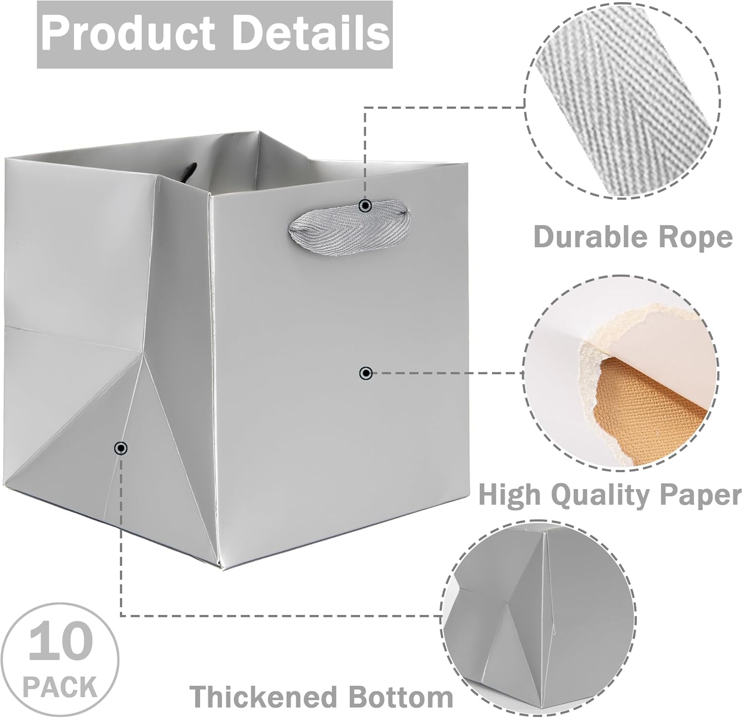 IN-JOOYAA Silver Grey Square Gift Bags Paper Bags Party Favor Bags with Rope Handle 10 Pcs (8 x 8 x 8 in, Silver Grey) - Image 3