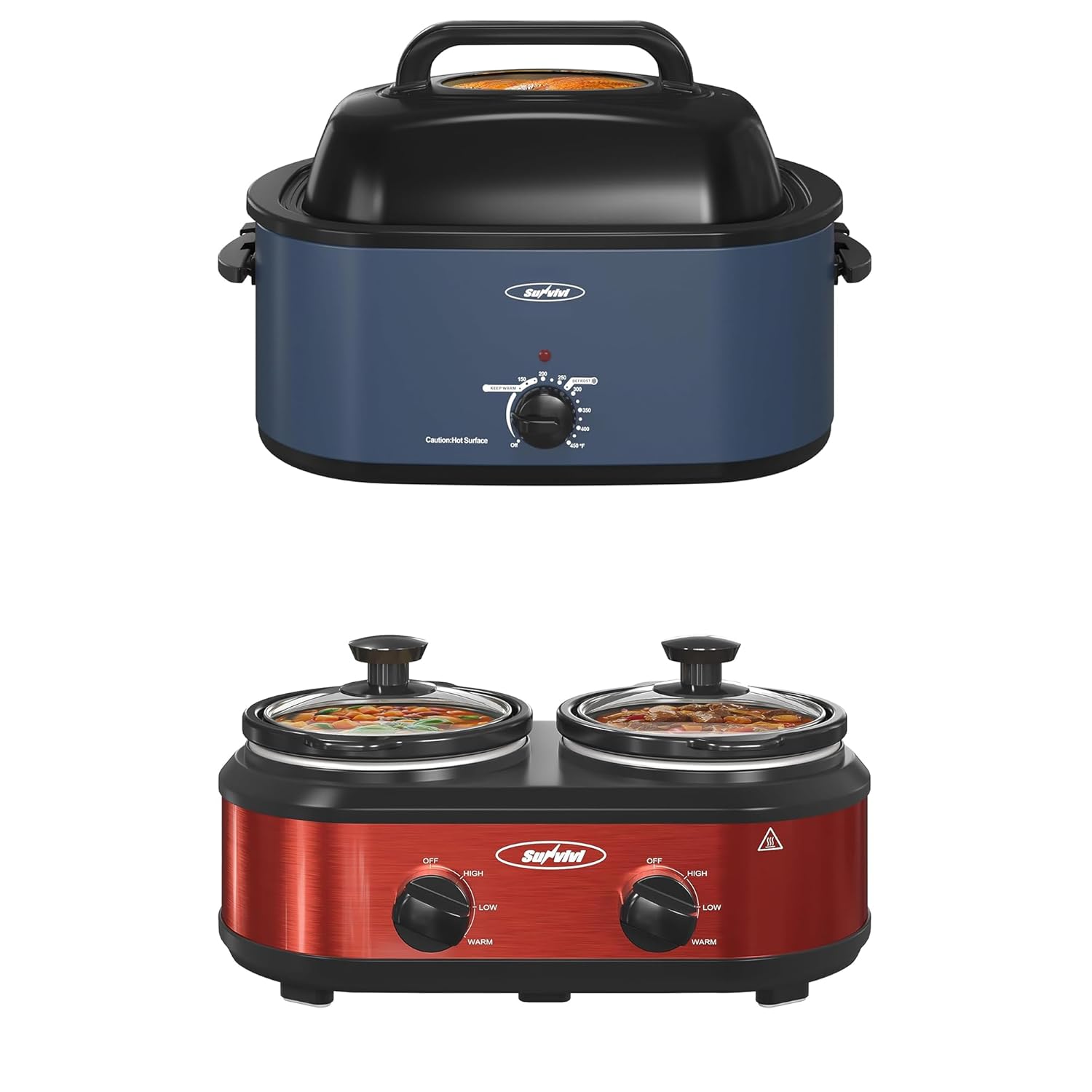 Sunvivi Roaster Oven and Slow Cooker Turkey Roaster 24 QT with Unique Defrost Warm Function Blue 2 Pot