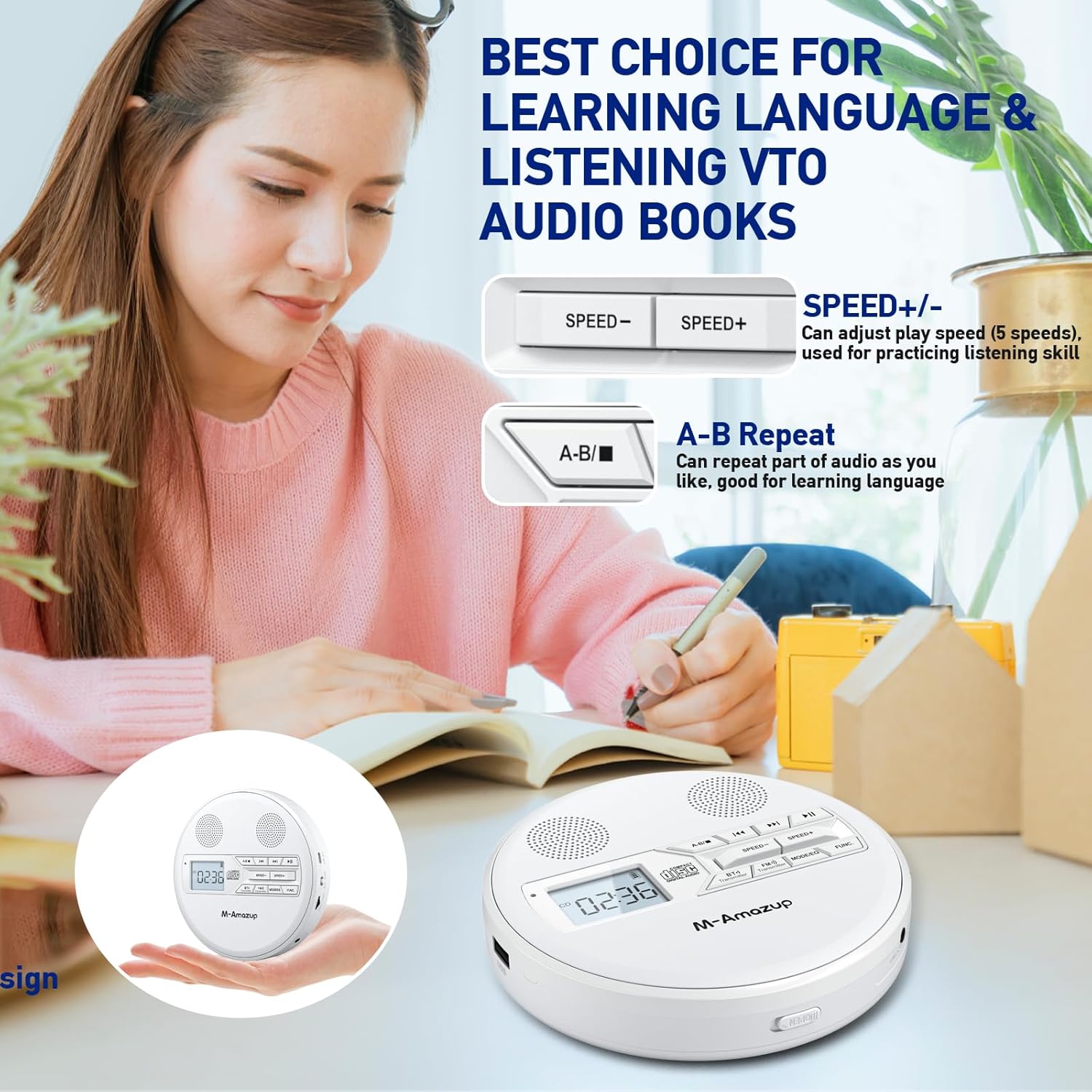 CD Player Portable, Rechargeable Portable CD Player with Dual Speakers and Anti Skip,CD,Dual Bluetooth,FM Transmission,USB,AUX,LCD Display,Sensitive Button,Repeat,10 Speeds for Home Car White
