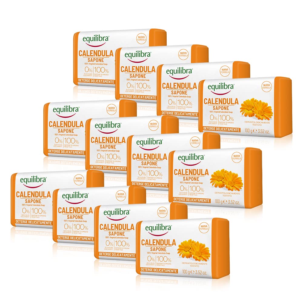 equilibra Calendula Sapone 100% Vegetale, Funzione Anti Arrossamento, 100g, Pacco da 12