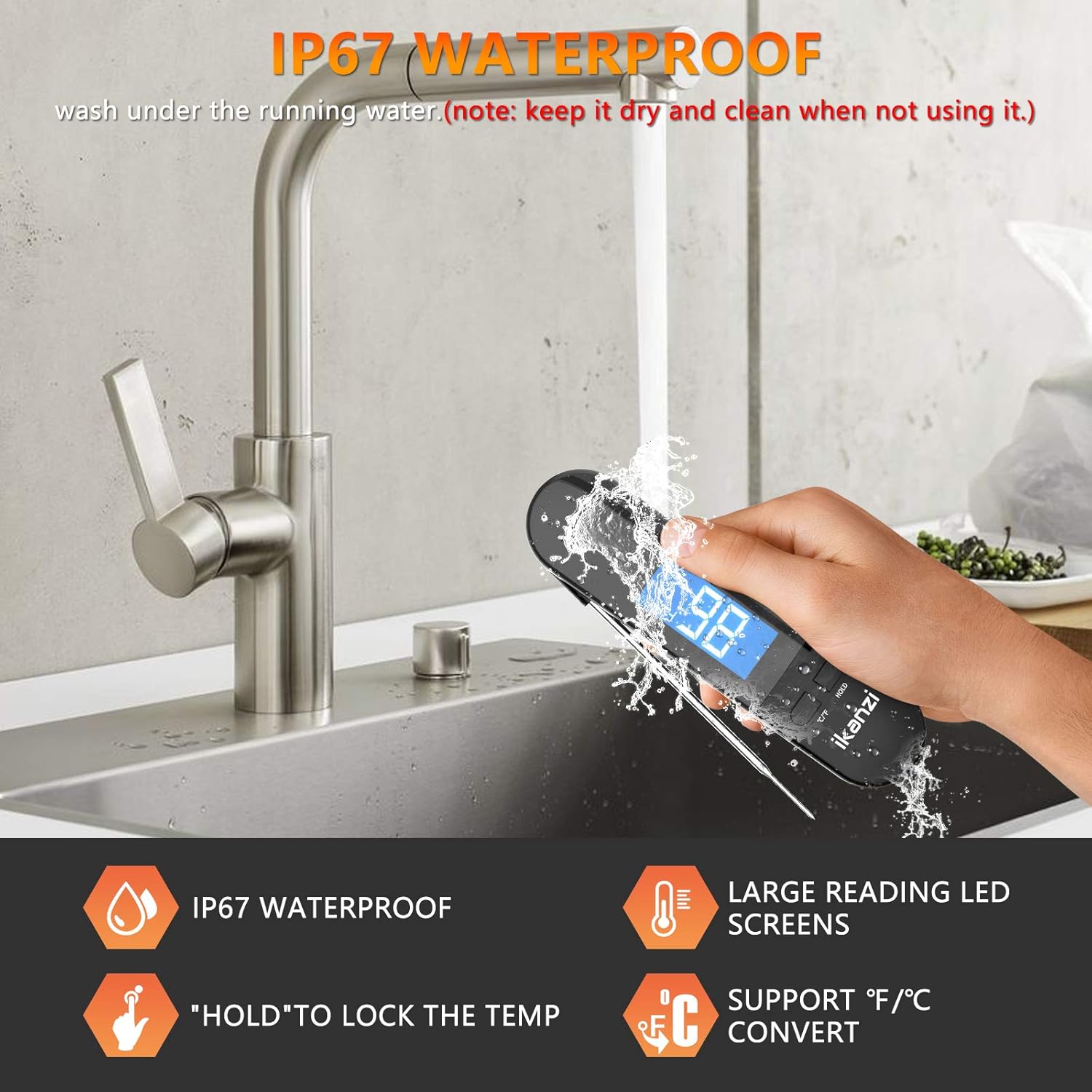 iKanzi Meat Thermometer being washed under running water, demonstrating its IP67 waterproof feature.