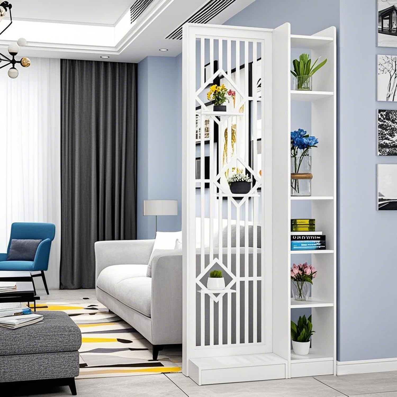 MESCXTY Modern Wall Room Divider, Wood Divider Screen, Storage Cabinet with Shelves，Wall Privacy Screens for Home Office Decorative (White,31.5''L*11.8''W*74.8''H)