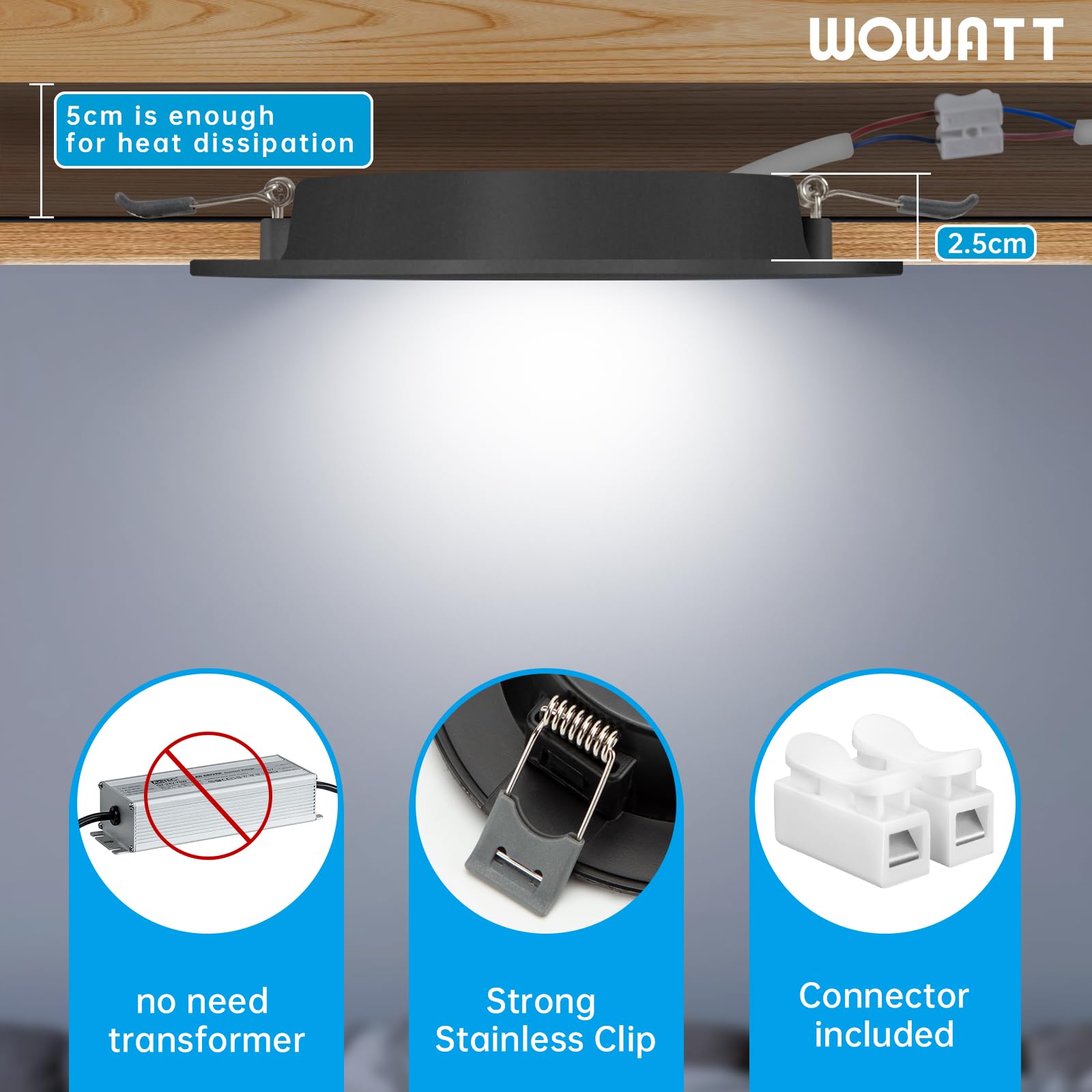 Wowatt Foco Empotrable LED Techo Negro IP44 Blanco Frío 6500K Downlight Redondo Extraplano Ф98x25mm 400LM 4W Equivalente a Halógena 40W Interior Ojo de Buey 220V Corte 75-85mm Pack 10