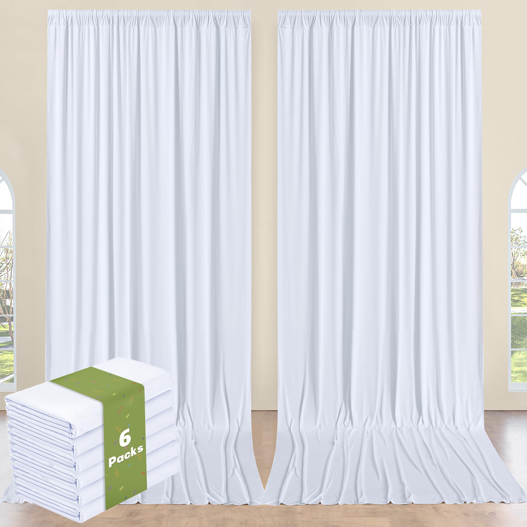 30ft x 12ft Long White Backdrop Curtains for Wedding Parties, Wrinkle Free Polyester Photo Backdrop Drapes 6pk 5x12ft Back Drop Cloth for Birthday Baby Shower Ceremony Stage Photography Background