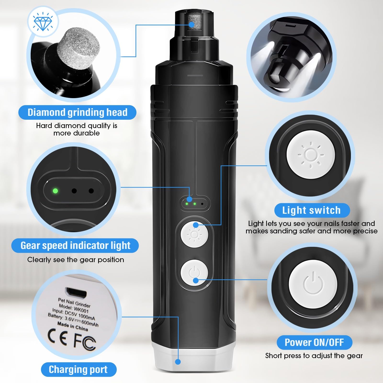 Lima de Uñas para Perros,Eléctrica Lima de Uñas Gatos y Perros de 3 Velocidadesm,Lima de Uñas Perros Silencioso con 2 LED&Tapa Antipolvo, Cuidado y Alisado de Patas para Perros y Gatos