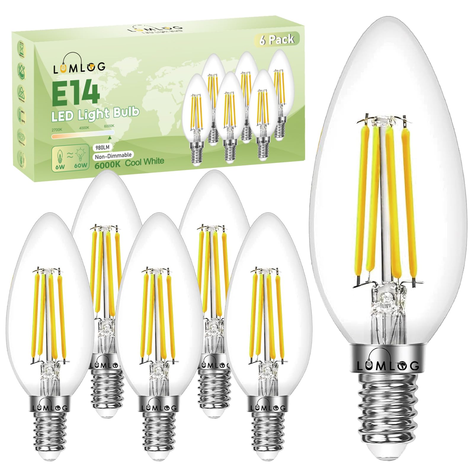 Lumlog E14 LED Light Bulb Cool White 6000K, C Energy Class, 6W (40w Equivalent), 980 Lumen SES Small Edison Screw Bulbs, Non-Dimmable, 6-Pack [Energy Class C]